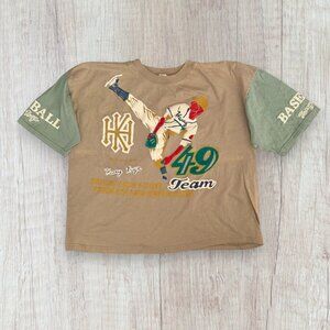 Vintage Baseball Graphic Tee Harry Kayn 49 Team Tan Green XL